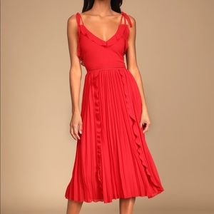 Never a Dull Moment Red TieStrap Pleaded Dress